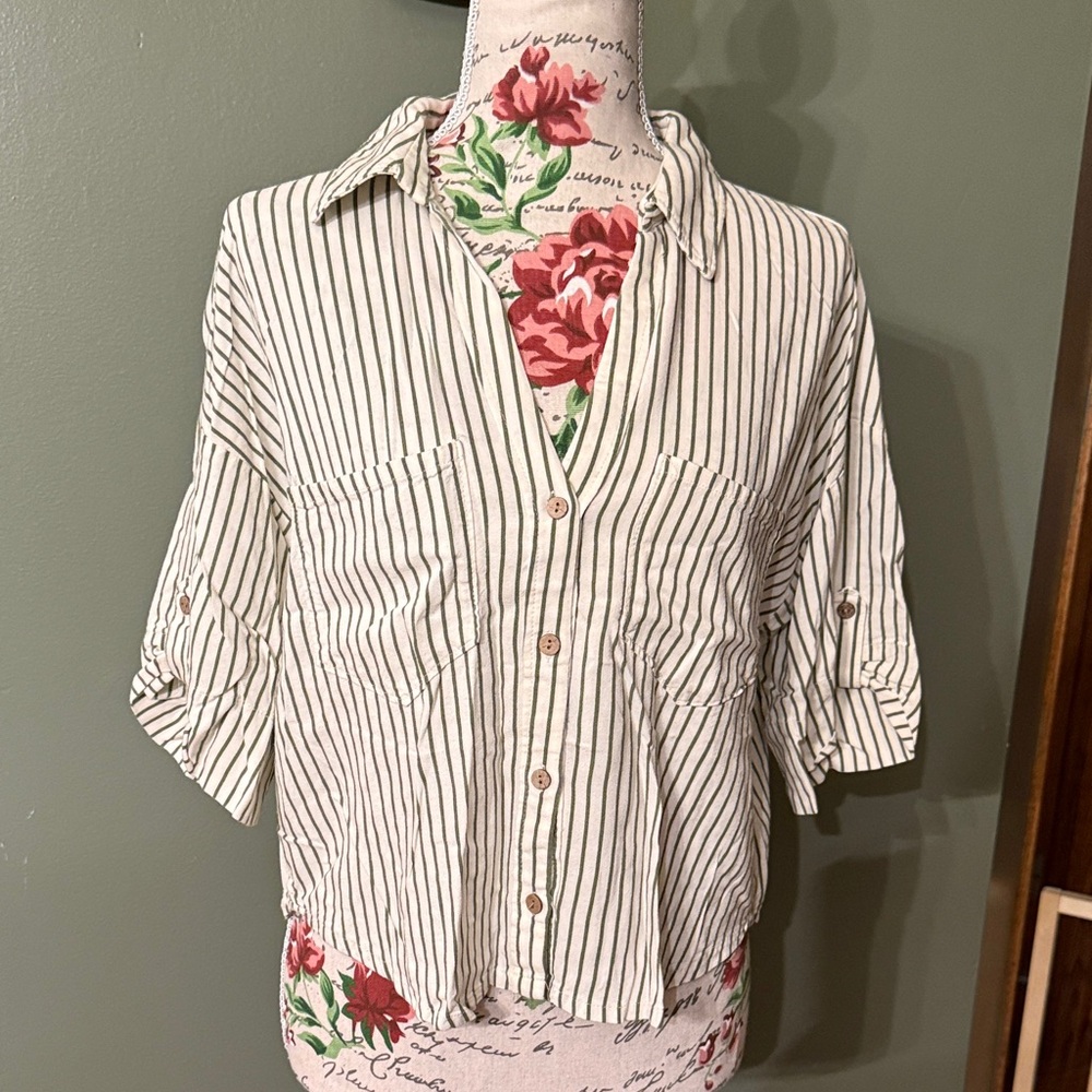 Zara Ivory and Green Striped Button-Down Shirt